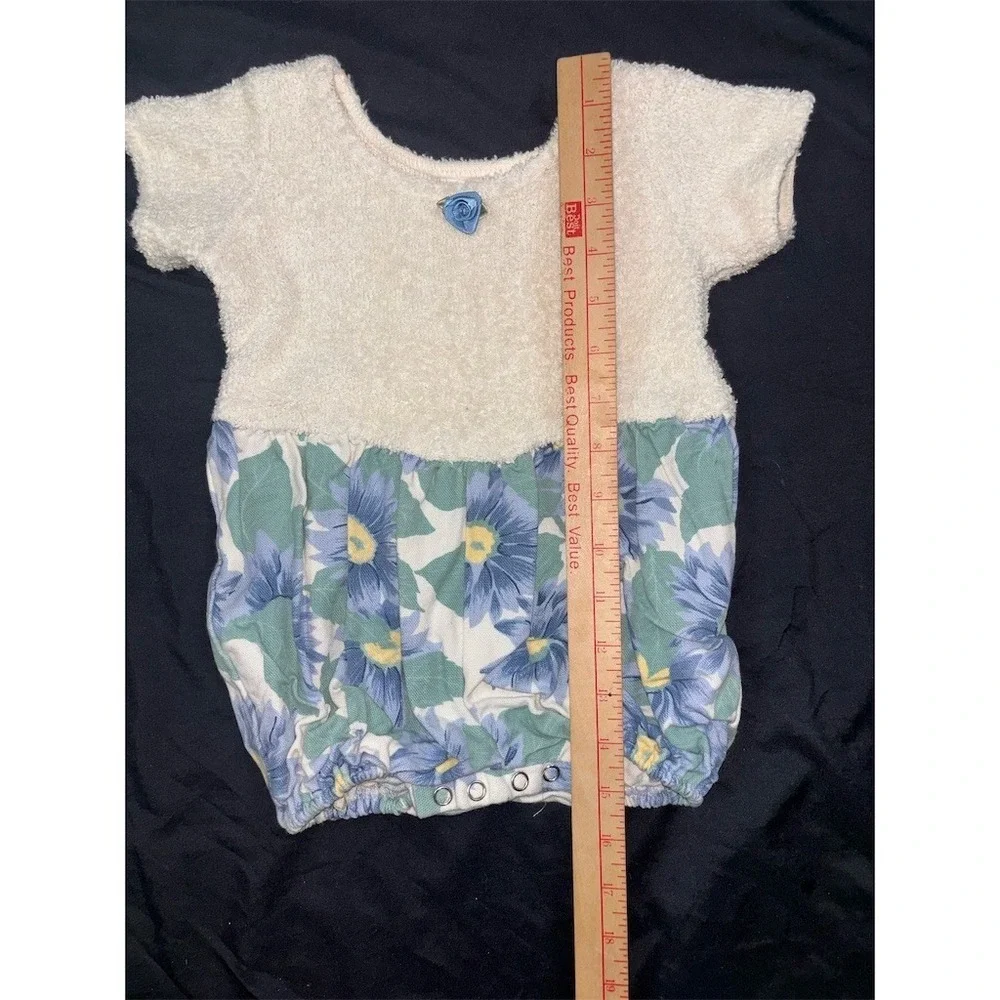L.A. Baby Vintage Floral Bubble Romper 3-6 Months Cream Blue Daisy Cotton USA